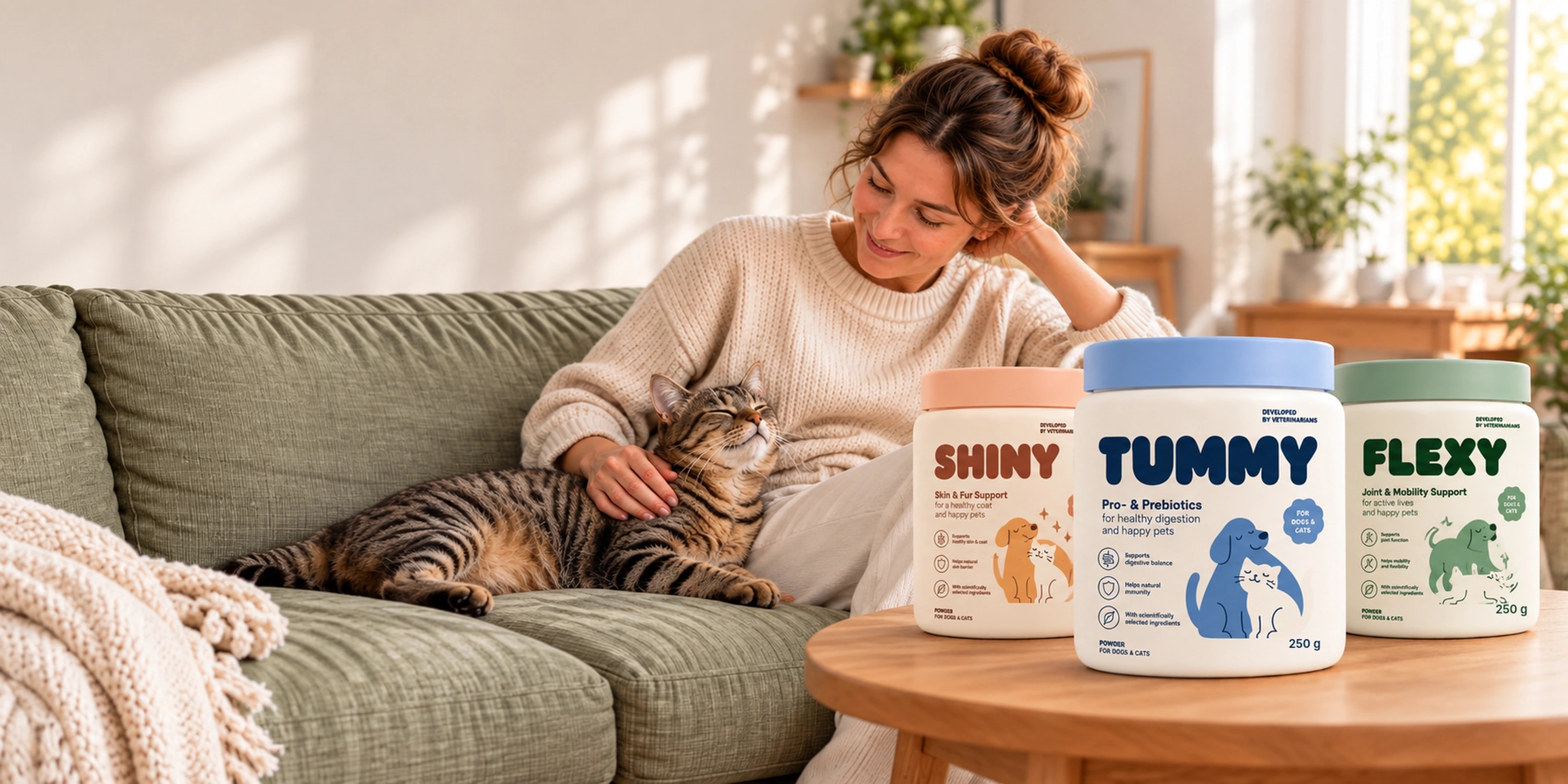 Frau kuschelt mit ihrer Katze auf dem Sofa, daneben TUMMY, SHINY und FLEXY
